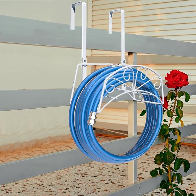 Garden Hose Holder for Outside Yard Hang Over the Door and Fence, Holds Up to 150Ft, White