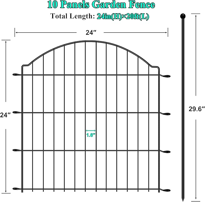 Decorative Garden Fences 24in x 20ft, 10 Pack Outdoor Fencing Animal Barrier Dog Border, Metal Wire Fence Panels for Garden Decor, Flower Bed Edging Borders for No Dig Patio Yard