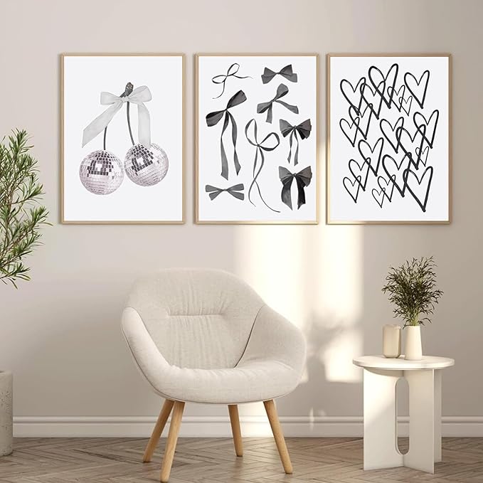 BOKPEN 3pcs Black and White Trendy Preppy Wall Art Bows Disco Ball Many Heart