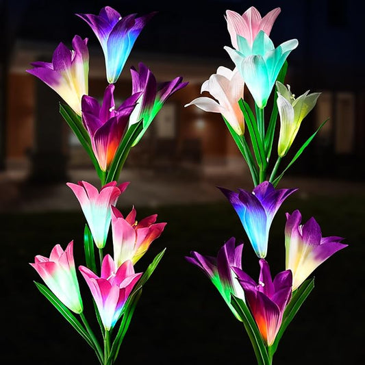 4 Pack Solar Garden Lights Outdoor, 7 Color Changing LED Powered Waterproof Lily Flowers Landscape Lights for Outside Yard, Patio, Pathway Decorative, DÃ©cor, Gifts