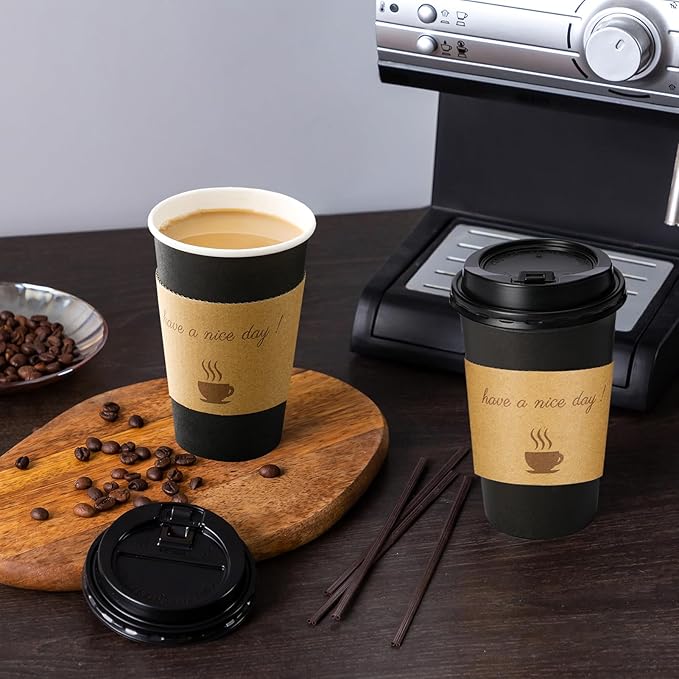 Lamosi 16 oz Coffee Cups with Lids 100 Pack, 16 oz Disposable Coffee Cup with Stir Sticks and Sleeves, To Go Hot Paper Cup for Home, Travel, Office