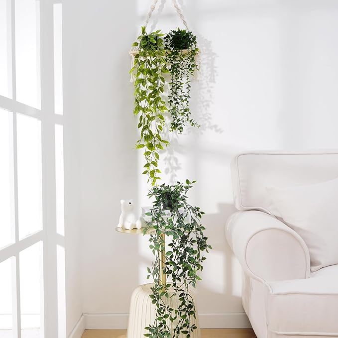BLEUM CADE Fake Hanging Plants Mixed Set, Faux Hanging Potted Plants Greenery