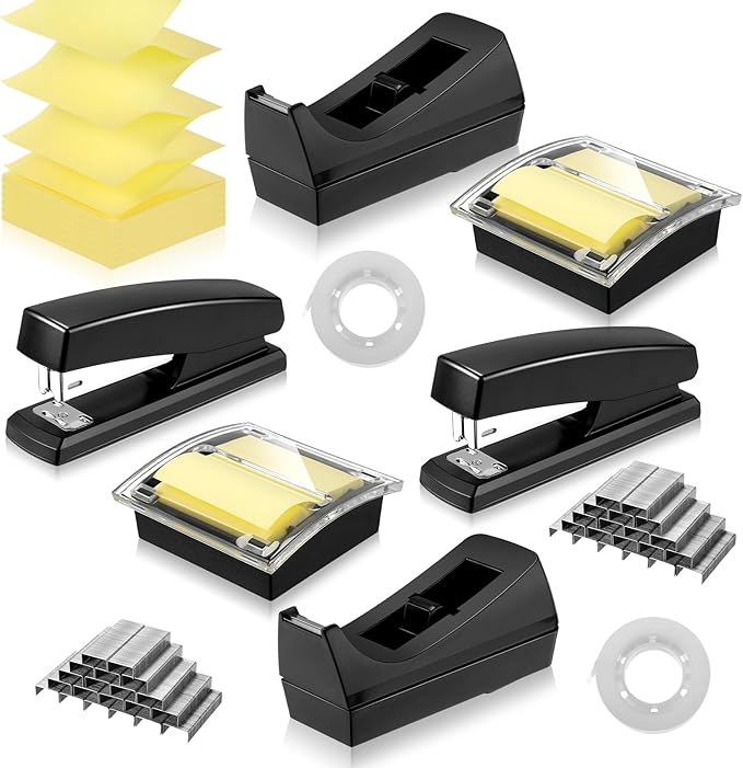 Queekay Office Stapler Set Desk Accessory Kit 16 Pieces Desk Staplers Tape Dispenser Sets Pop up Notes Pop up Sticky Notes Desktop Tape Dispenser 2000 Pcs 24/6 Staples