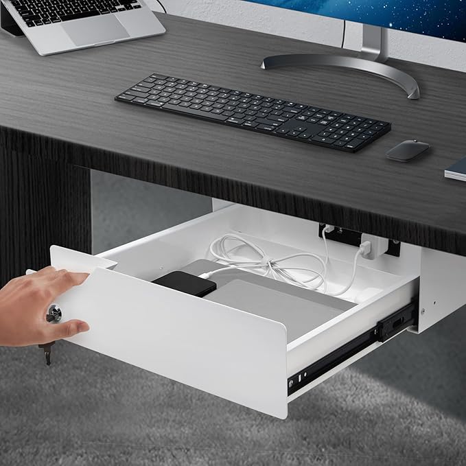 Lumil Under Desk Mounted Drawer Lockable with 3 Prong Extension Cord 10 FT with Multiple Outlets and Foldable Cable Management Arm for Office Desk 15.7" (W) x 15.7" (D) x 4.4" (H), White
