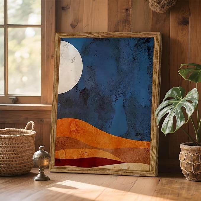 Framed Boho Sun and Moon Canvas Wall Art Set of 2, Vintage Western Desert