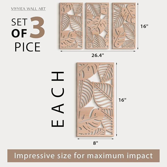 VIYYIEA Boho Solid Wood Carved Wall Art Set of 3, Geometric Minimalist Wooden