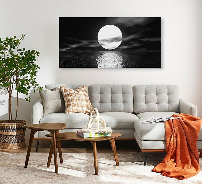 Cao Gen Decor Art S06498 Wall Art Canvas Sea White Full Moon in Night Picture