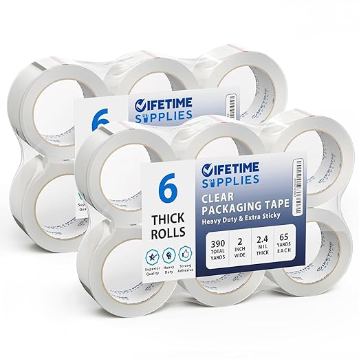 Lifetime Supplies 12 Rolls | 2.4 mil Clear | 65 Yards Each (780 Yards Total) | 2" Premium Packing Tape Heavy Duty Packaging Tape for Shipping Moving Stronger Thicker