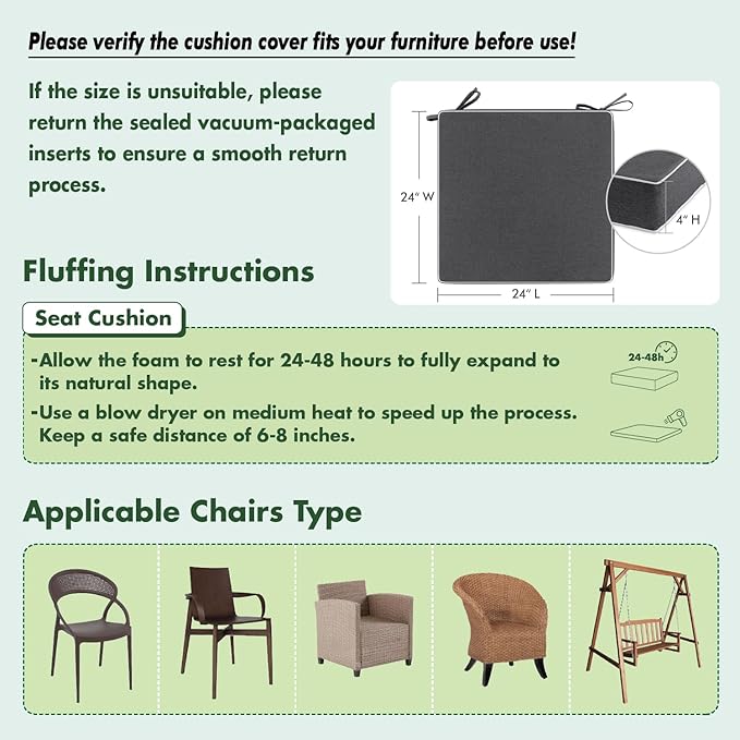 MIULEE Grey Outdoor Chair Cushions Set of 2, 24x24x4 Inch Waterproof Patio Seat Cushions for Outdoor Furniture Couch Sofa, 3 Year Color Fastness High Density Foam with Adjustable Ties