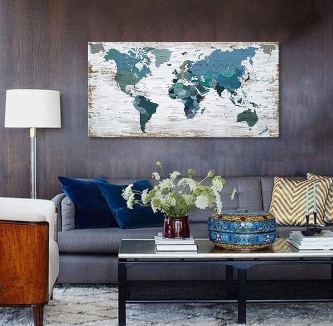Teal Decor World Map Canvas Wall Art Pictures