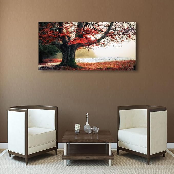Stunning Nature Landscape Wall Art - 20x40 inches Canvas Artwork of Sunrise Forest Scenery with Red Leaves. Perfect Wall Decoration for Living Room, Bedroom and More