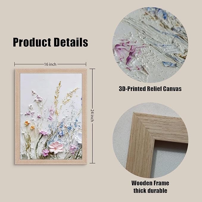 Framed 3D Texture Floral Canvas Wall Art Relief Textured Floral Oil Painting
