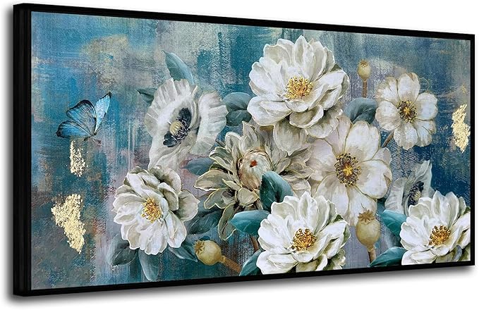 Arjun Black Framed Flower Canvas Wall Art for Living Room White Modern Painting for Bedroom Textured Gold Turquoise Picture Floral Teal Artwork Large Home Office Wall Decor 40"x20"