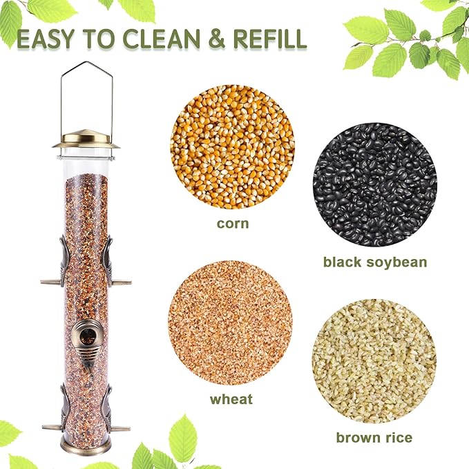 MIXXIDEA 1PK Metal Wild Bird Feeder,Squirrel Proof Bird Feeders for Outside,Hanging 6 Port Tube Bird Feeder Transparent Finch Bird Feeder for Attracting Birds in Your Lawn, Garden, Balcony-Bronze