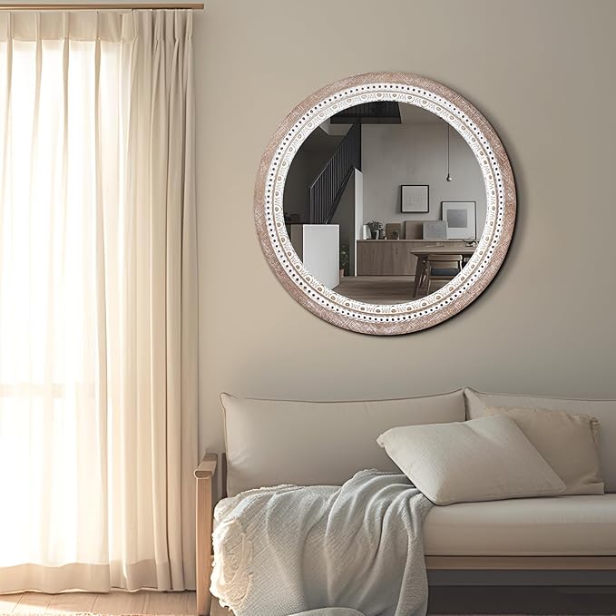 Reflinto 24 Inch Boho Wooden Round Mirror