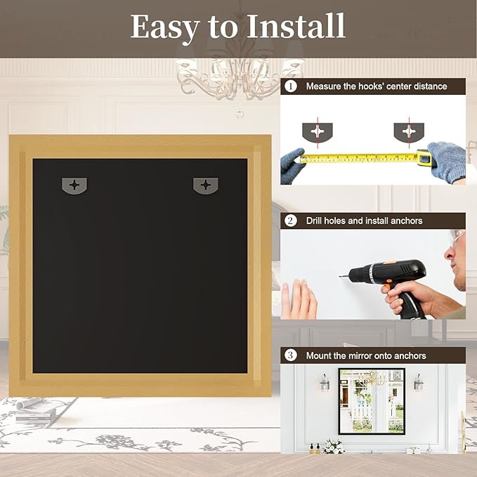 Syndra Square Black Wood Frame Bathroom Mirror, Waterproof Slim Deep Frame