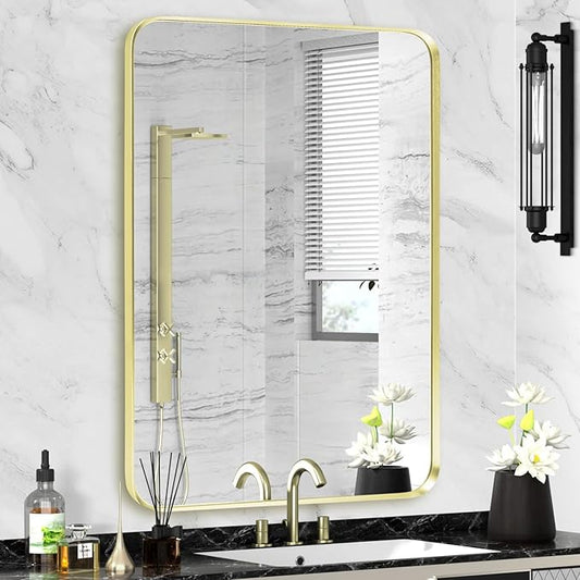 Wall Mount Mirror for Bathroom, Brushed Gold Metal Framed Rounded Corner