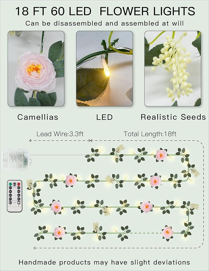 suddus Flower Garland with Pink Camellia Fairy Lights Indoor, 60 LED Vines