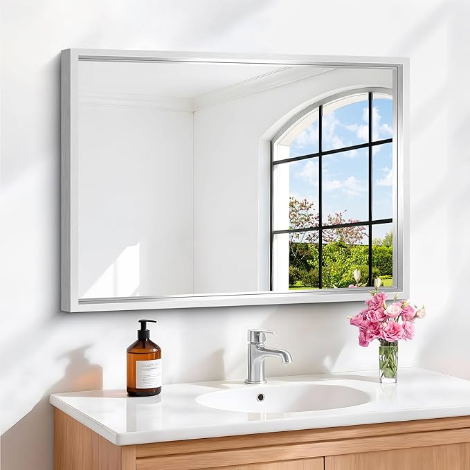 18x24 Silver Bathroom Mirror, Brushed Silver Rectangular Mirror