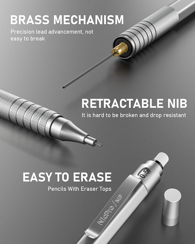 Nicpro 2 PCS Mechanical Pencils 0.5mm & 0.7 mm with Case, MP1000 Metal Artist Pencil Set with 4 Tubes HB Lead Refills, 2 Erasers, 9 Eraser Refills For Art Writing Drafting Drawing, Black & Silver