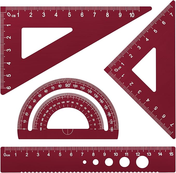 Honagu Triangular Ruler Set, 4 Pieces Aluminum Alloy Ruler, Metal Drafting Ruler, Geometric Protractor for Students, Draftsmen, Engineers, School Office Supplies (Rose Red)