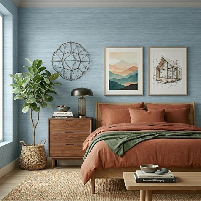 FUKU MON Light Blue Grasscloth Wallpaper Peel and Stick 24" x 394" Thickened
