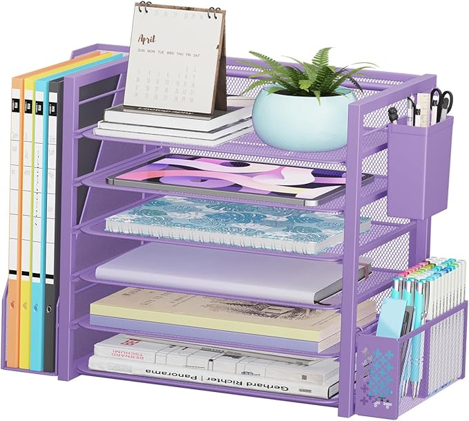 Simple Trending 6 Tier Desk File Organizer, Paper Letter Tray Organizer with File Holder and Pen Container, Purple