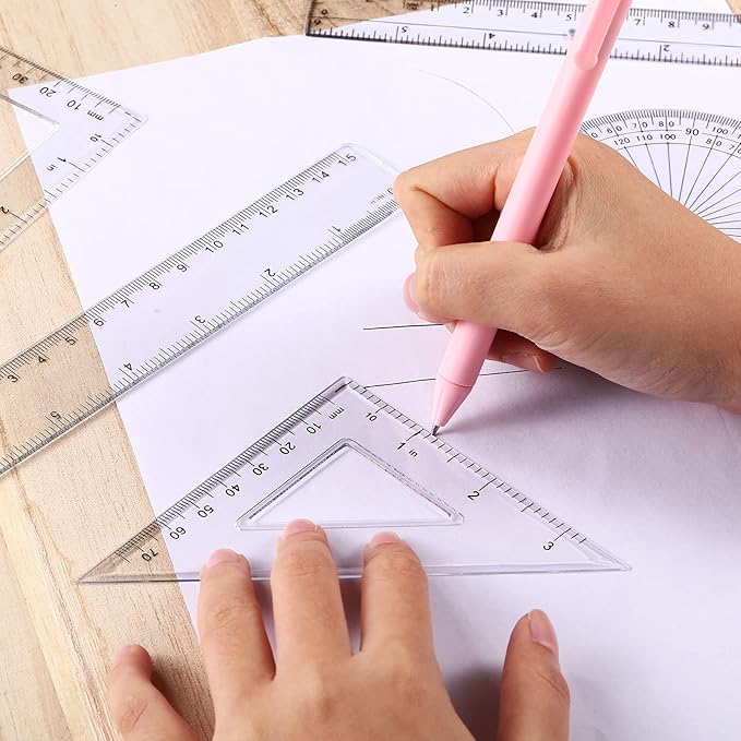Tenare 1 Set Plastic Clear Math Set Includes Protractor Triangle Rulers 12 Inch 6 Inch Straight Geometry Math Transparent Ruler Measuring Tool for School Office Home Supplies(Clear)