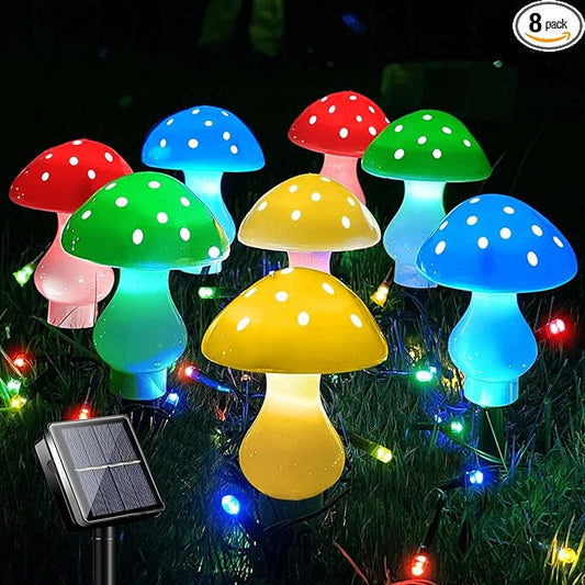 Upgraded Outdoor Solar Garden Lights, 8 Pack 50 LED Mushroom Outdoor 8 Modes 23ft Waterproof Solar Powered Landscape Cute Fairy String Light for Yard Patio Outside Decorï¼Multicolorï¼