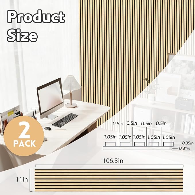 2 Pack Wood Panels for Wall, 106.3" × 11" Wood Slat Acoustic Panels for Wall