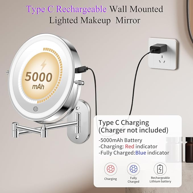 FUNTOUCH 5000mAh Rechargeable Wall Mounted Lighted Makeup Vanity Mirrors
