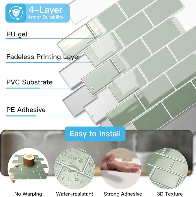 Art3d Peel and Stick Wall Tiles in Teal – 10-Pack of 12 x12 Thickened Design