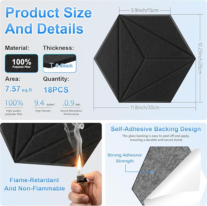 18 Pack Hexagon Acoustic Panels, DIY Sound Proof Foam Panels