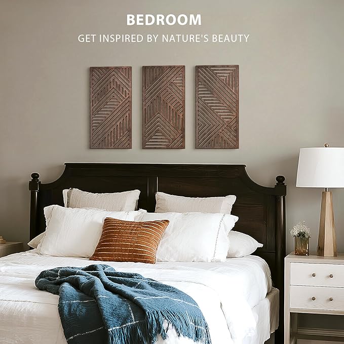 VIYYIEA Boho Solid Wood Carved Wall Art Set of 3, Geometric Minimalist Wooden