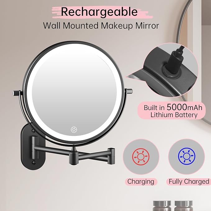 FUNTOUCH 5000mAh Rechargeable Wall Mounted Lighted Makeup Vanity Mirror