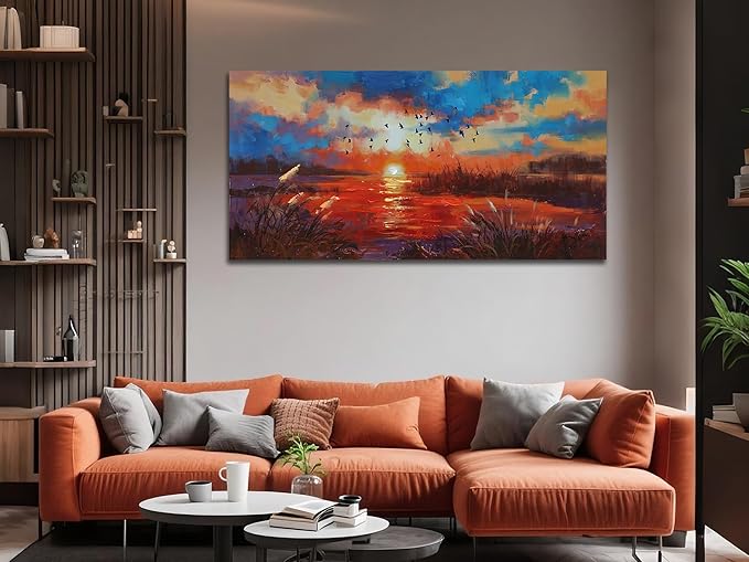 Anolyfi Sunset Wall Art for Living Room, Reed Lake Wall Decor Red Artwork for