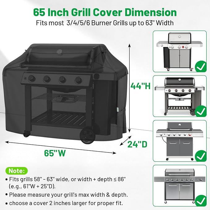 Grill Cover for Outdoor Grill 65 Inch, Arborlily Heavy Duty Waterproof Gas BBQ Grill Cover for Weber, Char-Broil, Nexgrill, Windproof BBQ Barbecue Cover with Straps/Air Vents & Handles, Black