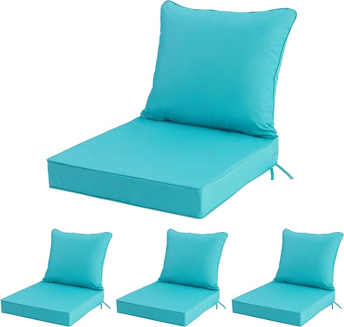 22x22 Inch Patio Chair Cushions Set of 4, Outdoor Furniture Cushions - Removable Cover, Water-Repellent, Fade-Resistant, Non-Slip Bottom & Straps, Replacement for Lawn, Porch & Deck Chair - Teal