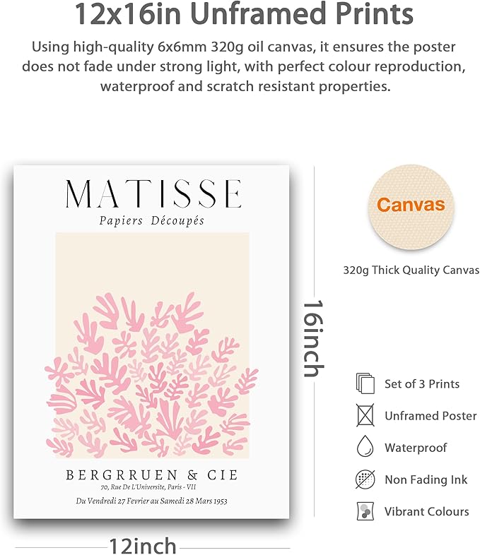 HesenDot Unframed Matisse Pink Wall Art, 12x16in Canvas Prints Poster,