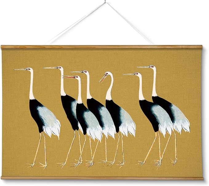VIYYIEA Extra Large Size Canvas Wall Art, 36x54 Vintage Scroll Hanging Crane Print, Elegant Bird Animal Artwork for Living Room, Bedroom, or Office