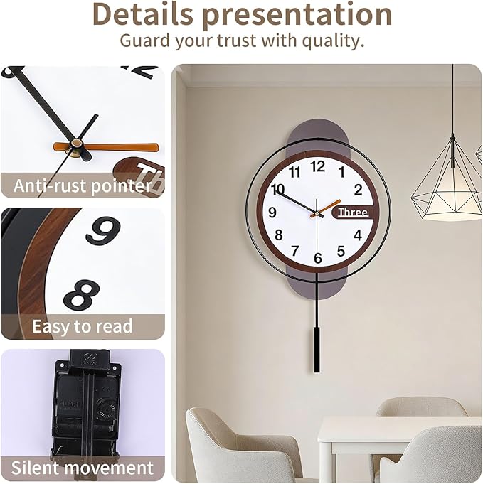 Dankeit Modern Wall Clock with Oak Wood Dial and Silent Movement, 12.6x22.8