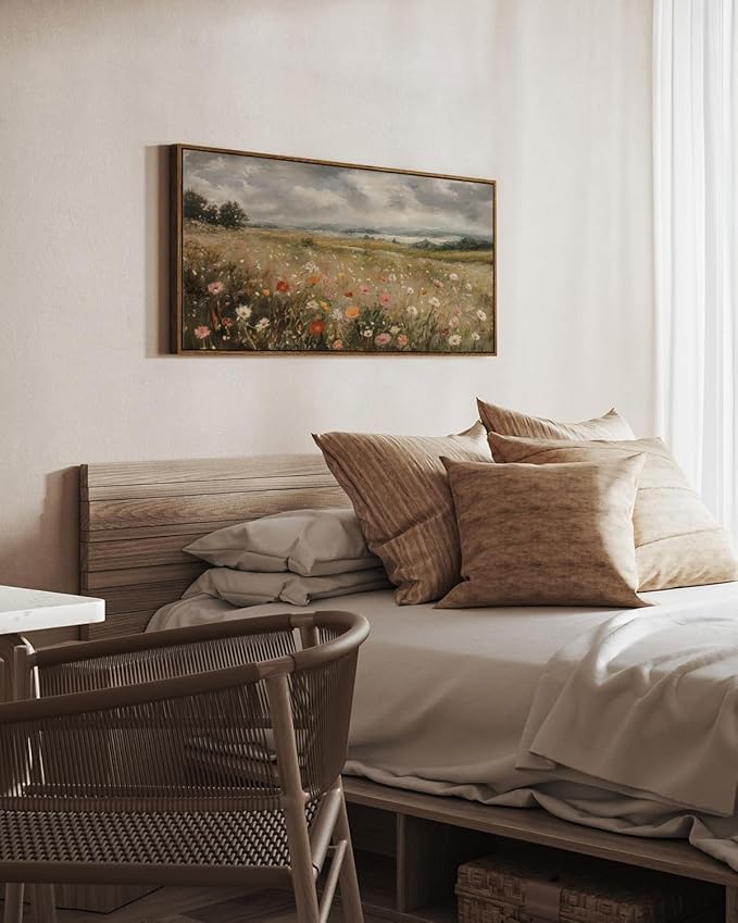 InSimSea Extra Large Framed Vintage Wall Art, Living Room Country Farmhouse Decor, Wildflower Field Flowers Landscape Canvas Prints, Retro Scenery Long Pictures for Bedroom Above of Bed,20x40inch