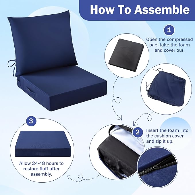 IASEAHK Outdoor Chair Cushions, 24 x 24 Inch Outdoor Cushion for Patio Furniture, Patio Chair Cushion, Waterproof & Fade Resistant Deep Patio Furniture Cushions Set with Handle and Ties, Navy Blue