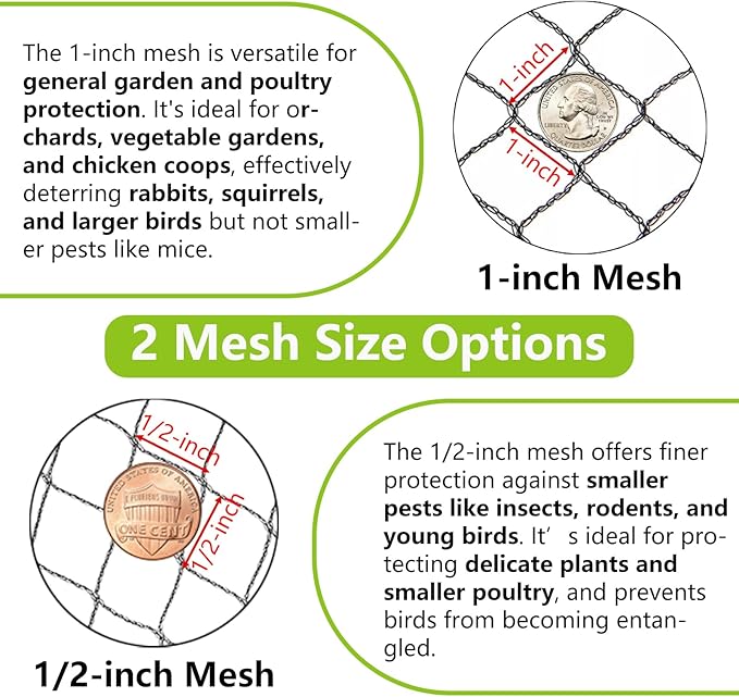 7.5x100ft Bird Netting, 1/2 inch Mesh, Heavy Duty Garden Netting for Fruit Trees, Blueberry Bushes, Vegetables, Extra Strong Woven Mesh Against Birds, Deer, Squirrels, Poultry and Other Animals