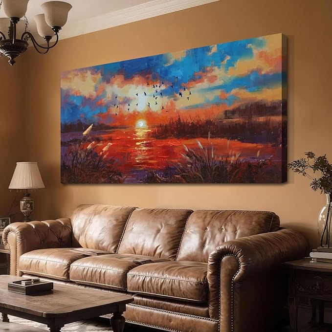 Anolyfi Sunset Wall Art for Living Room, Reed Lake Wall Decor Red Artwork for