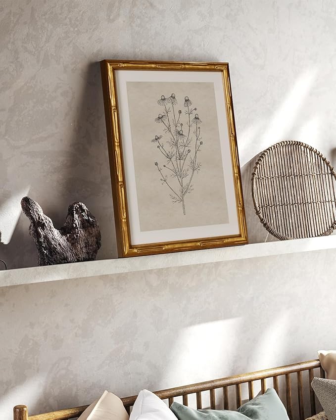 InSimSea Gold Bamboo Framed Canvas Wall Art, Minimalist Chamomile Botanical