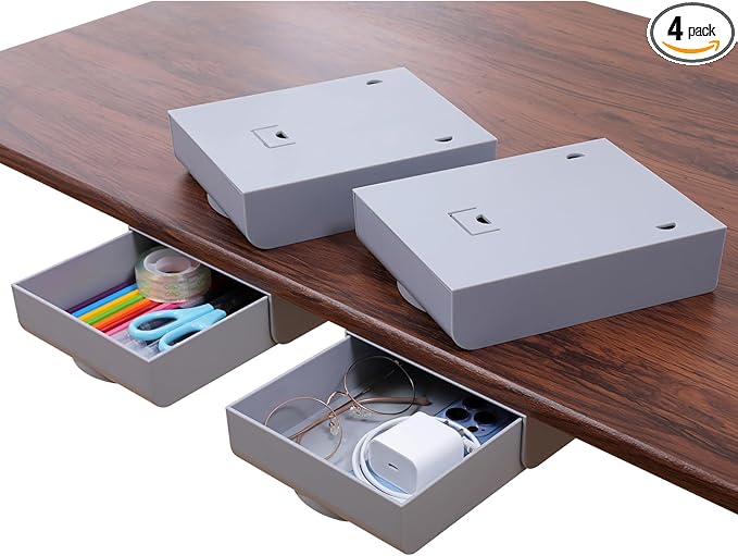 LuluEasy 4 Pack Under Desk Drawer Self-Adhesive Desktop Storage Organizer, Hidden Attachable Slide Out Desk Drawer, Under Table Tray for Pencil Pen Stationery Office Organization, Gray