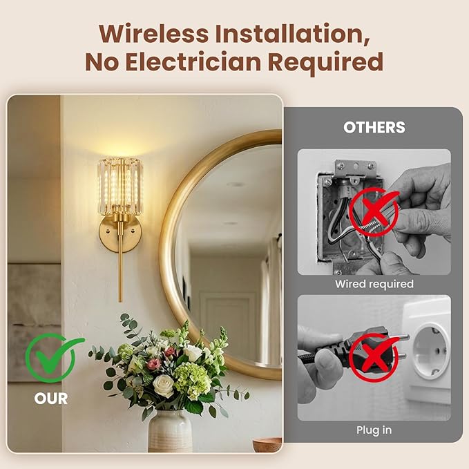 Crystal Battery Operated Wall Sconces, Brushed Gold Rechargeable Wireless Wall