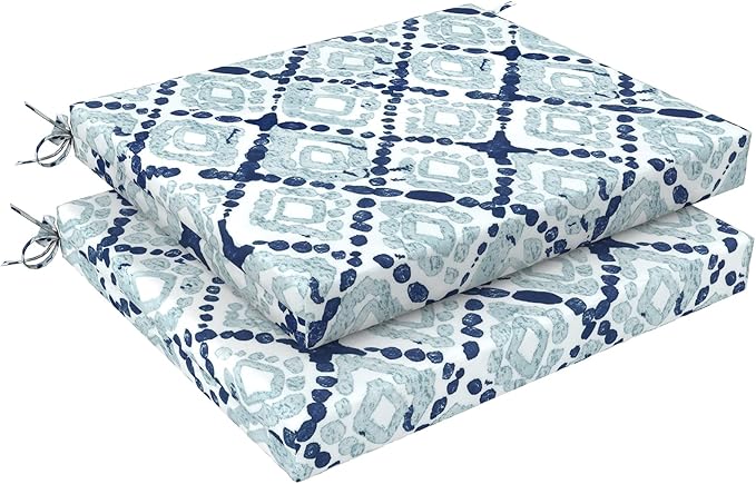 LVTXIII Outdoor Chair Cushions 18.5"x16"x2" Pack of 2, Water-Repellent Square Corner Memory Foam Seat Cushions with Ties for Garden Patio Furniture, Boho Geometry Blue