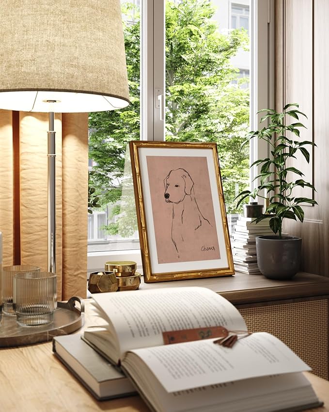 InSimSea Gold Bamboo Framed Canvas Wall Art, Minimalist Dog Sketch Animal